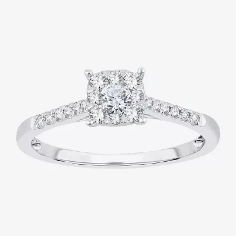 Womens 1/3 CT. T.W. Natural White Diamond 10K Gold Cushion Side Stone Halo Engagement Ring