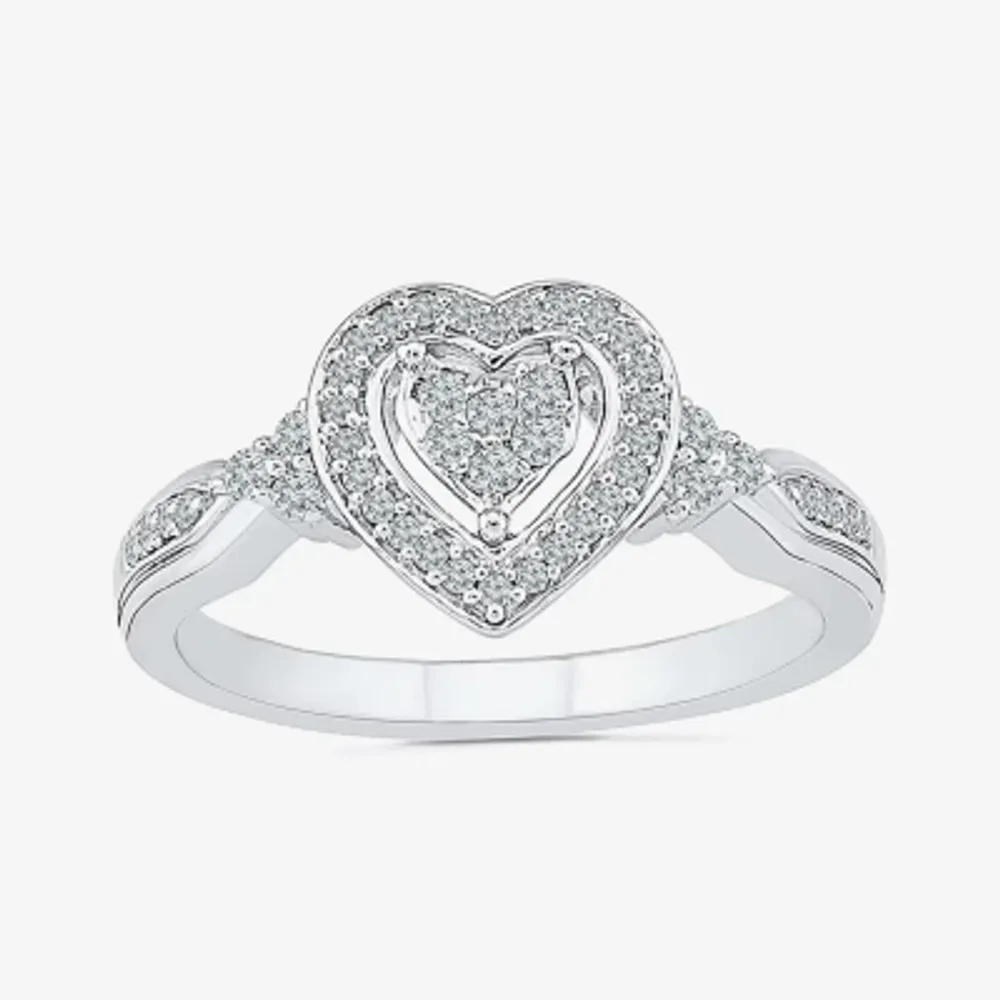 Womens 1/5 CT. Natural White Diamond Sterling Silver Heart Side Stone Halo Engagement Ring