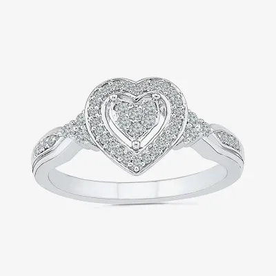 Womens 1/5 CT. Natural White Diamond Sterling Silver Heart Side Stone Halo Engagement Ring
