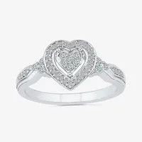 Womens 1/5 CT. T.W. Natural White Diamond Sterling Silver Heart Side Stone Halo Engagement Ring