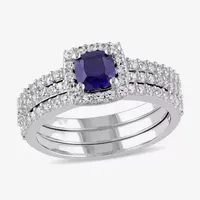 Modern Bride Gemstone Womens Lab Created Blue Sapphire Sterling Silver Cushion Halo Bridal Set