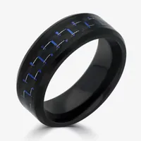 Mens 8MM Black Stainless Steel with Blue Carbon Fiber Wedding Band