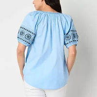 St. John's Bay Womens Split Crew Neck Short Sleeve Embroidered Blouse