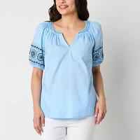 St. John's Bay Womens Split Crew Neck Short Sleeve Embroidered Blouse