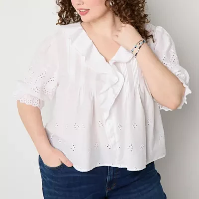 a.n.a Plus Womens V Neck Short Sleeve Embroidered Blouse