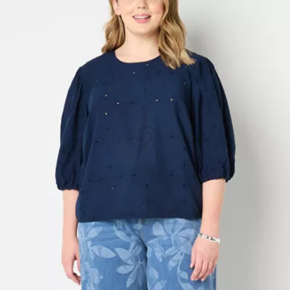 Liz Claiborne Plus Womens Crew Neck 3/4 Sleeve Blouse