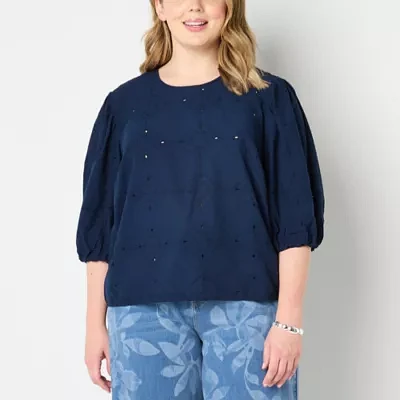Liz Claiborne Plus Womens Crew Neck 3/4 Sleeve Blouse