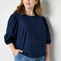 Liz Claiborne Plus Womens Crew Neck 3/4 Sleeve Blouse
