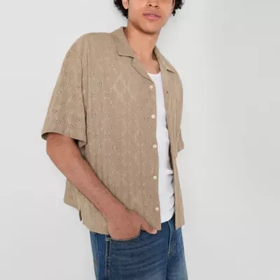 Arizona Mens Short Sleeve Cropped Textured Button-Down Shirt