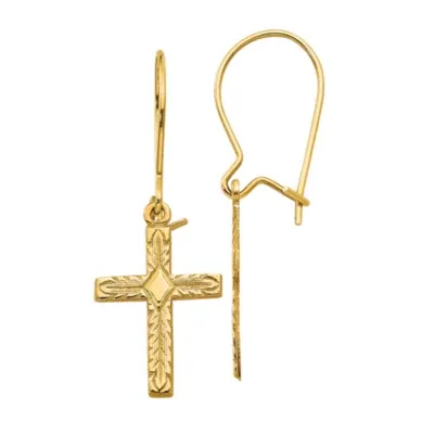 Womens 14K Gold Cross Drop Earrings