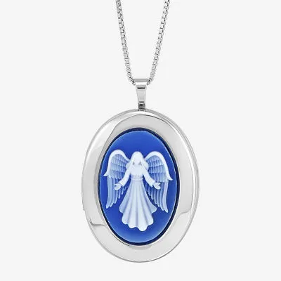 Womens Sterling Silver Angel Cameo Oval Locket Necklace