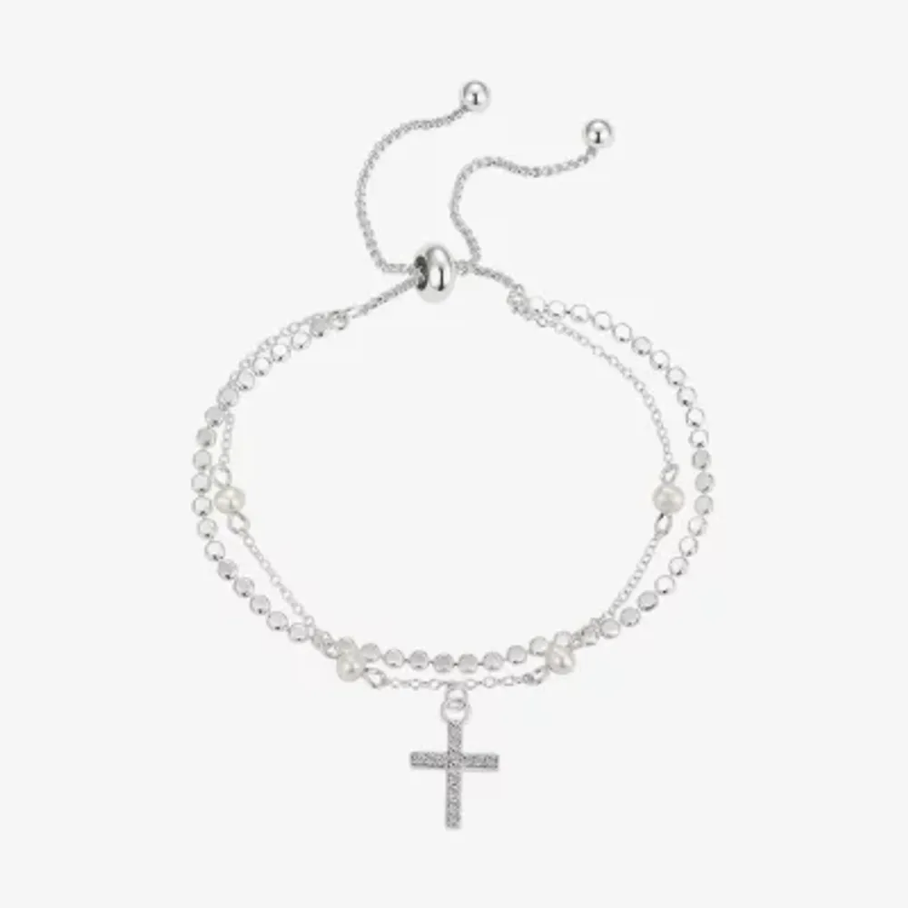 Gratitude & Grace Crystal Pure Silver Over Brass 9 Inch Box Cross Bolo Bracelet