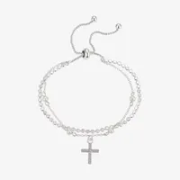 Gratitude & Grace Crystal Pure Silver Over Brass 9 Inch Box Cross Bolo Bracelet