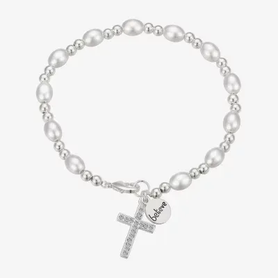 Gratitude & Grace Believe Crystal Pure Silver Over Brass 8 Inch Bead Cross Beaded Bracelet