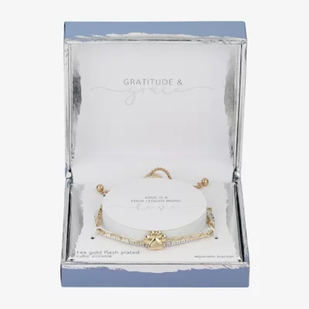 Gratitude & Grace Paw Print Cubic Zirconia Pure Silver Over Brass 9 3/4 Inch Box Bolo Bracelet