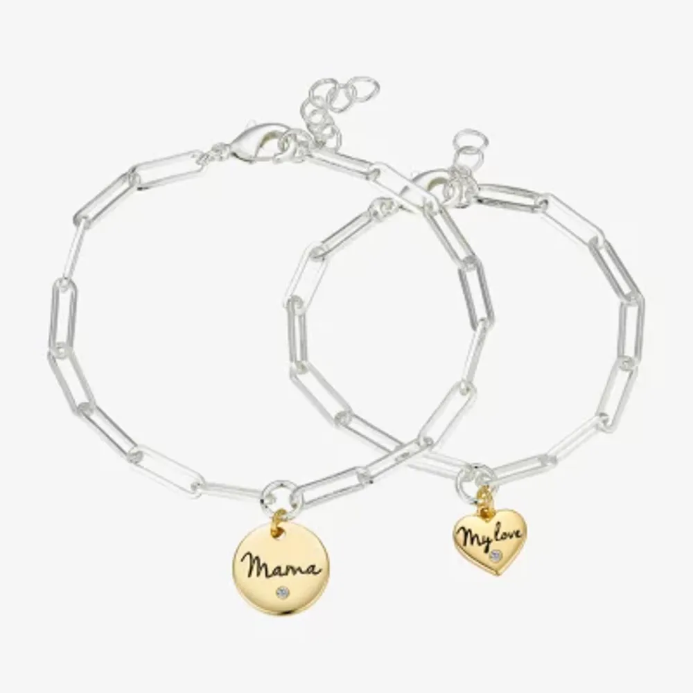 Sparkle Allure Mama 2-pc. Cubic Zirconia Pure Silver Over Brass 7 Inch Cable Heart Bracelet Set