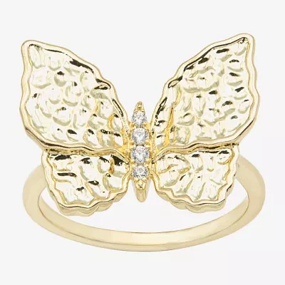 Sparkle Allure Hammered Cubic Zirconia 14K Gold Over Brass Butterfly Cocktail Ring
