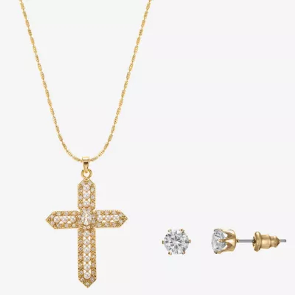 Sparkle Allure Light Up Box 2-pc. Cubic Zirconia Simulated Pearl 14K Gold Over Brass Cross Jewelry Set