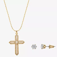 Sparkle Allure Light Up Box 2-pc. Cubic Zirconia Simulated Pearl 14K Gold Over Brass Cross Jewelry Set