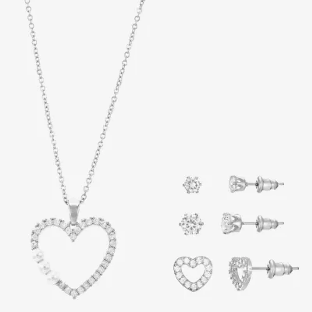 Sparkle Allure Light Up Box 4-pc. Cubic Zirconia Simulated Pearl Pure Silver Over Brass Heart Jewelry Set