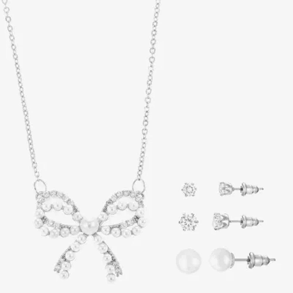 Sparkle Allure Light Up Box 4-pc. Cubic Zirconia Simulated Pearl Pure Silver Over Brass Bow Jewelry Set