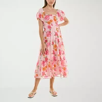 Trixxi Womens Short Sleeve Floral Midi Fit + Flare Dress Juniors