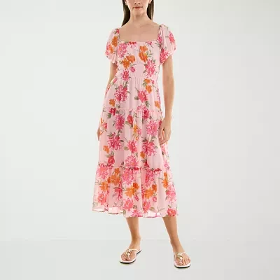 Trixxi Womens Short Sleeve Floral Midi Fit + Flare Dress Juniors