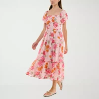 Trixxi Womens Short Sleeve Floral Midi Fit + Flare Dress Juniors