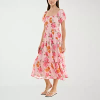 Trixxi Womens Short Sleeve Floral Midi Fit + Flare Dress Juniors