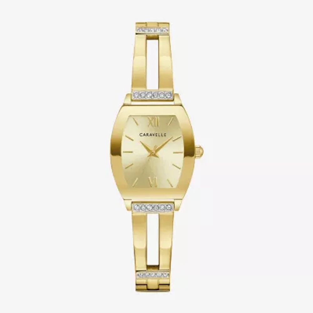 Caravelle Designed By Bulova Womens Crystal Accent Gold Tone Stainless Steel Bangle Watch 44l226