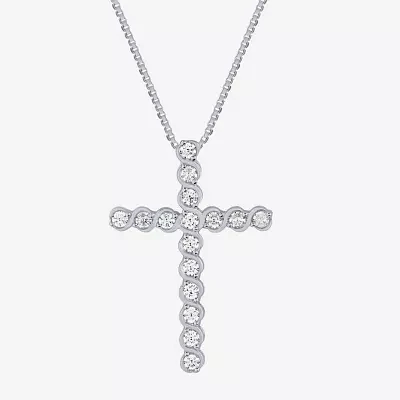 (G Womens 1/2 CT. T.W. Lab Grown White Diamond 10K White Gold Cross 18 Inch Pendant Necklace