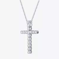 (G Womens 1/2 CT. T.W. Lab Grown White Diamond 10K White Gold Cross 18 Inch Pendant Necklace