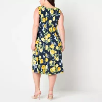 Perceptions Womens Sleeveless Floral Midi Fit + Flare Dress Plus