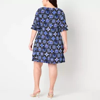 Perceptions Womens Short Sleeve Geometric Shift Dress Plus