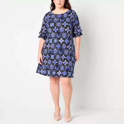 Perceptions Womens Short Sleeve Geometric Shift Dress Plus