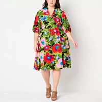 52seven Womens Elbow Sleeve Floral Midi Fit + Flare Dress Plus