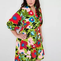 52seven Womens Elbow Sleeve Floral Midi Fit + Flare Dress Plus