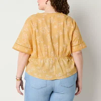 a.n.a Plus Ladder Trim Womens V Neck Short Sleeve Blouse