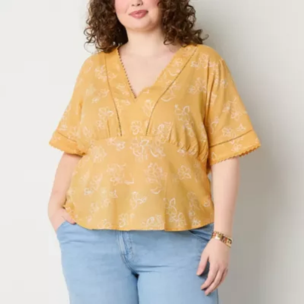 a.n.a Plus Ladder Trim Womens V Neck Short Sleeve Blouse