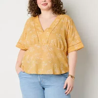 a.n.a Plus Ladder Trim Womens V Neck Short Sleeve Blouse