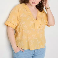 a.n.a Plus Ladder Trim Womens V Neck Short Sleeve Blouse