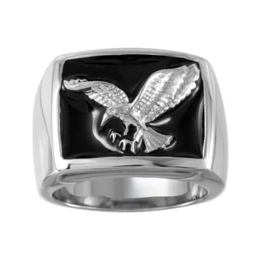 Mens Two-Tone Stainless Steel Black Enamel Eagle Ring