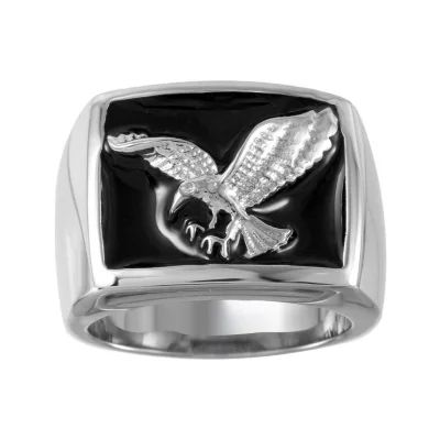 Mens Two-Tone Stainless Steel Black Enamel Eagle Ring