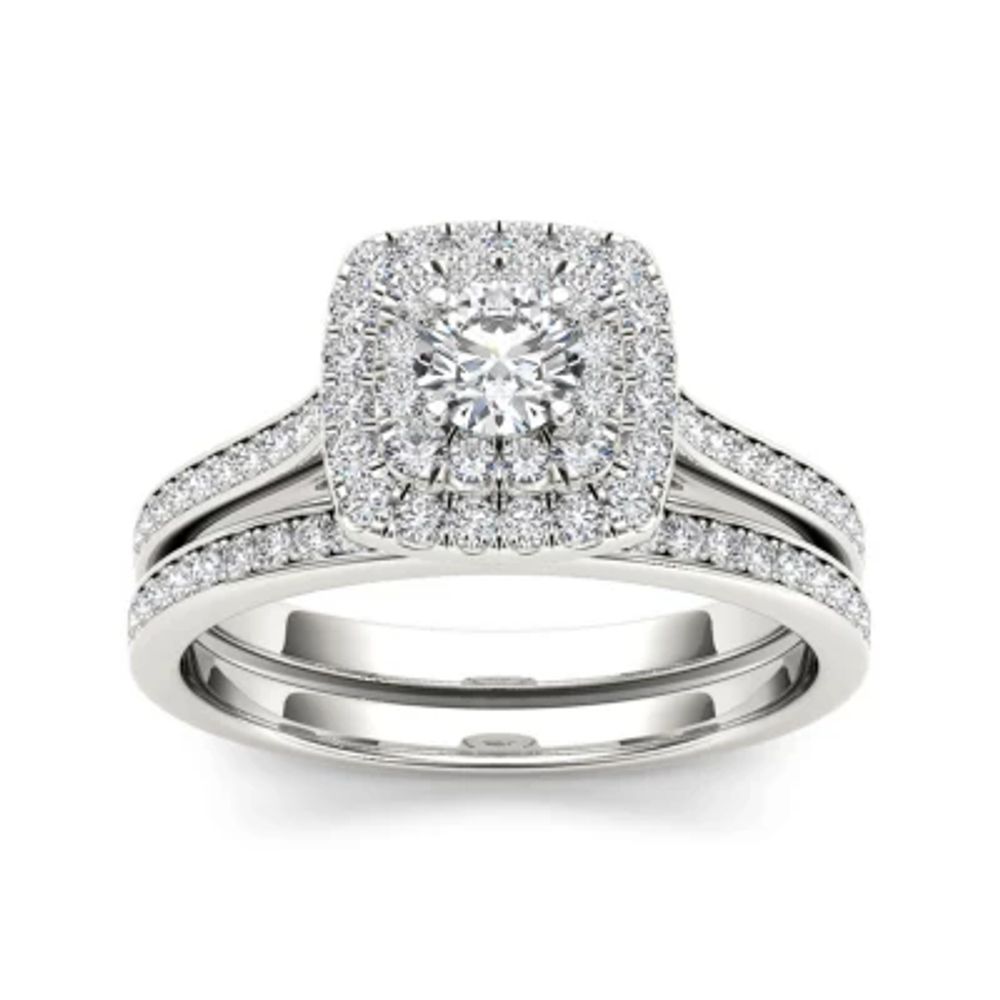 3/4 CT.T.W. Natural Diamond Halo 10K White Gold Bridal Ring Set