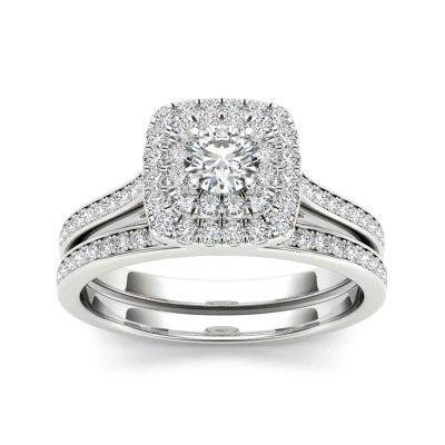 3/4 CT.T.W. Natural Diamond Halo 10K White Gold Bridal Ring Set