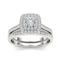 3/4 CT.T.W. Natural Diamond Halo 10K White Gold Bridal Ring Set