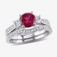 Lab Created Ruby & 1/7 CT. T.W. Diamond 10K White Gold Bridal Set