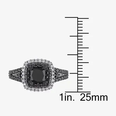 Womens 1 1/2 CT.T.W. Color Enhanced Round Black & White Diamond Sterling Silver Engagement Ring