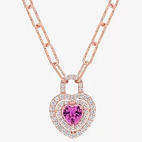 Womens Lab Created Pink Sapphire 18K Rose Gold Over Silver Heart Pendant Necklace