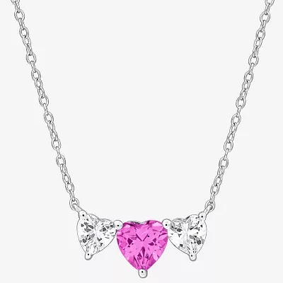 Womens Lab Created Pink Sapphire Sterling Silver Heart Pendant Necklace